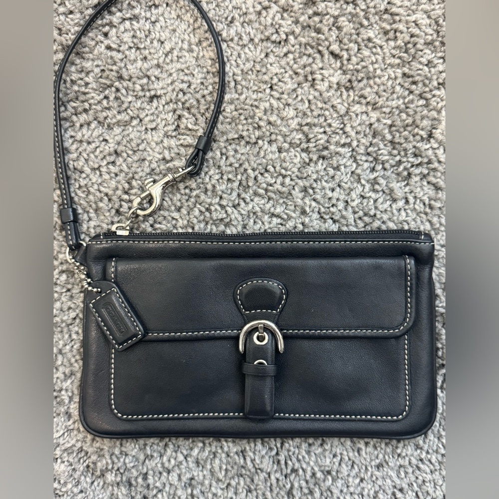 Vintage Coach Clutch Wristlet Black Leather Front Flap Turn Lock Pocket Pouch
